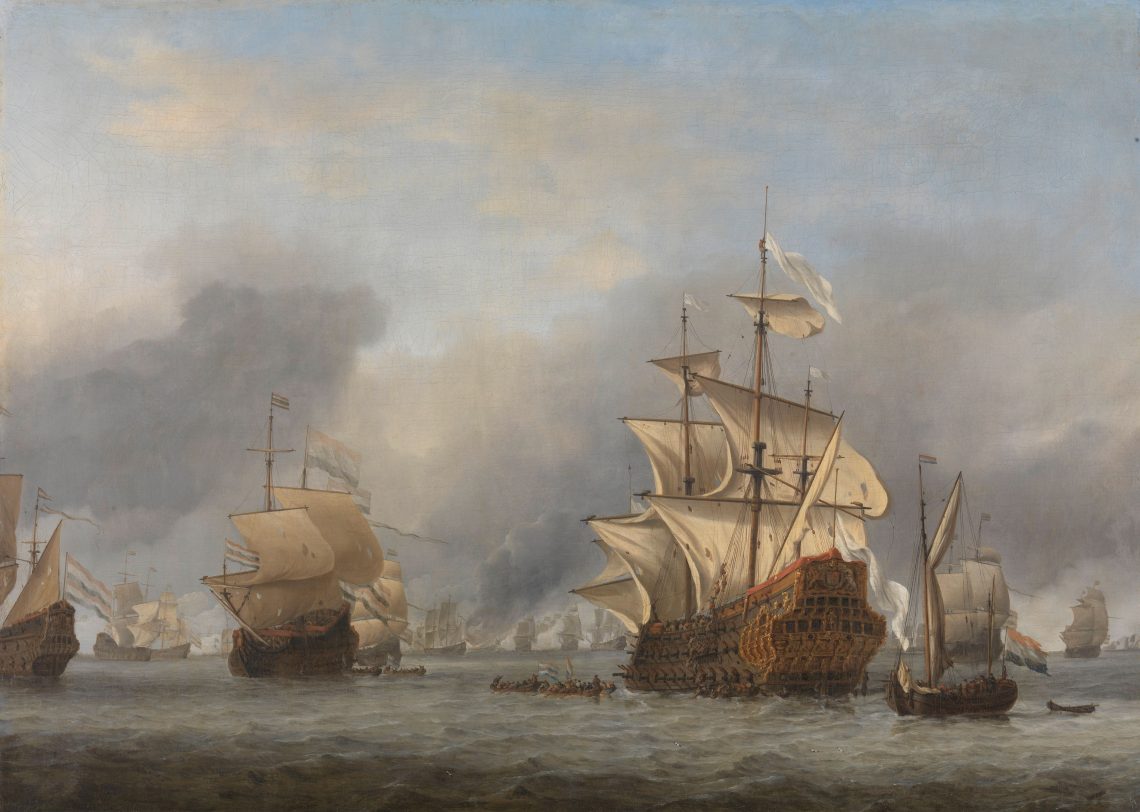 Bitwa czterodniowa (1666 r.) Zdobycie przez Holendrów angielskiego okrętu flagowego Royal Prince. Obraz Willema van de Velde. Zbiory Rijksmuseum w Amsterdamie. Domena publiczna.